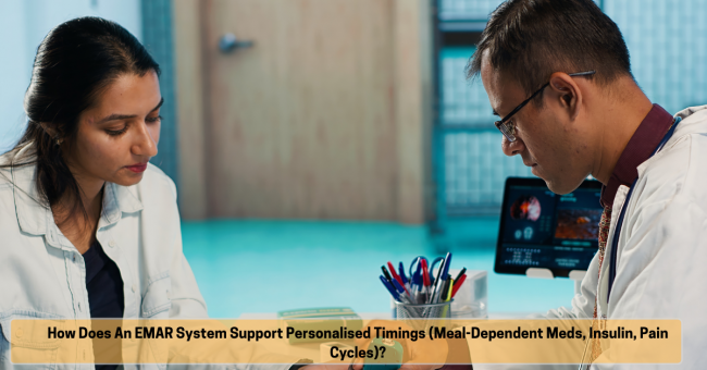 How does an eMAR system support personalised timings (meal-dependent meds, insulin, pain cycles)? eMAR for personalised medication timing